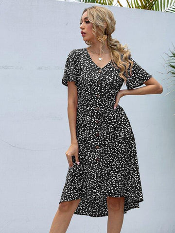 Dalmatian Print Button Front A-line Dress - takostyle