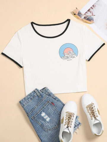 Wave Print Contrast Binding Tee - takostyle