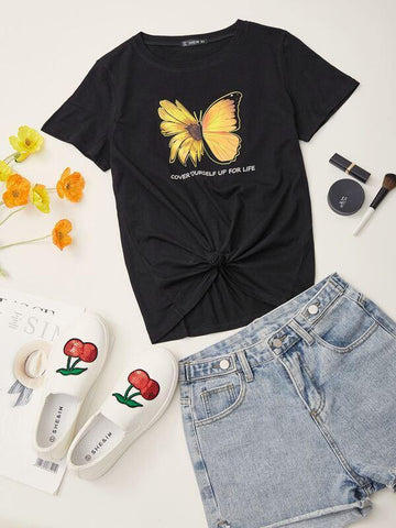 Butterfly & Slogan Graphic Tee - takostyle