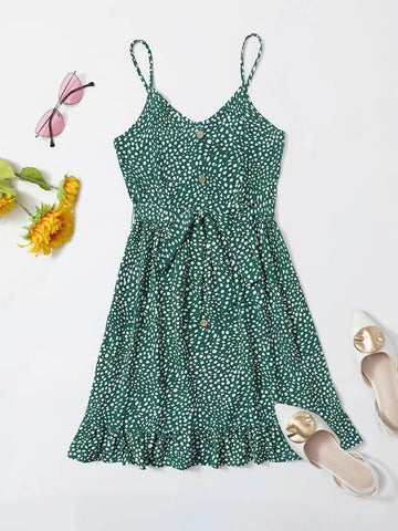 Buttoned Front Shirred Back Self Belted Dalmatian Slip Dress - takostyle