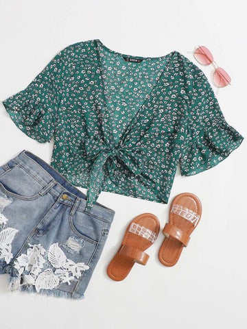 Tie Front Flounce Sleeve Crop Top - takostyle