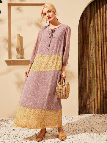Plants Print Tie Neck Maxi Dress - takostyle