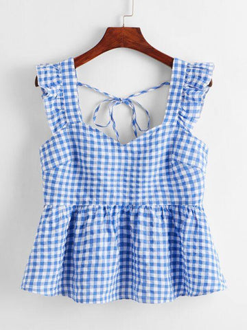 Tie Back Ruffle Trim Gingham Peplum Top - takostyle