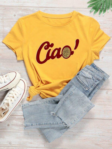 Leopard And Slogan Graphic Tee - takostyle