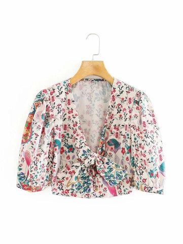 Tie Front Plants & Peacock Print Crop Top - takostyle