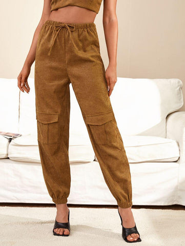 Drawstring Waist Flap Pocket Patched Cord Pants - takostyle