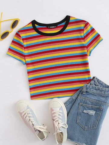 Contrast Neck Rainbow Striped Top - takostyle
