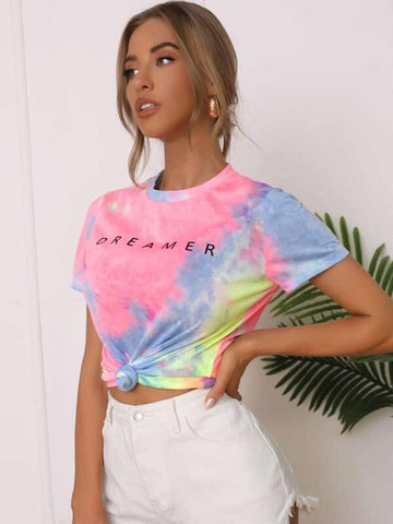 Letter Graphic Tie Dye Top - takostyle