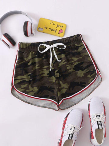 Tie Front Striped Trim Camo Track Shorts - takostyle