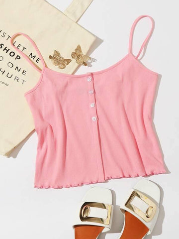 Button Front Lettuce Edge Cami Top - takostyle