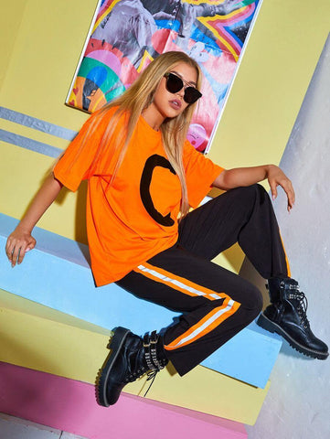 Neon Orange Drop Shoulder Letter Graphic Tee - takostyle