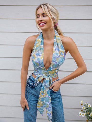 Plunging Neck Tie Backless Floral Halter Top - takostyle