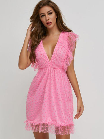 SBetro Plunge Neck Ruffle Trim Ditsy Floral Embroidery Mesh Dress - takostyle