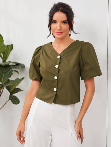 Button Front Drawstring Back Top - takostyle