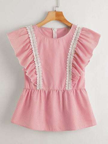 Lace Trim Butterfly Sleeve Striped Peplum Top - takostyle