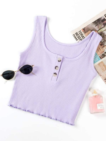 Half Button Lettuce Trim Tank Top - takostyle