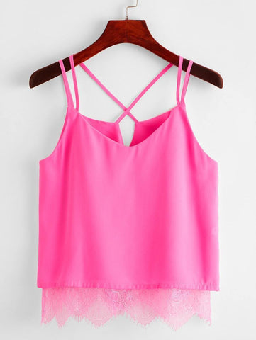 Lace Hem Criss Cross Back Cami Top - takostyle