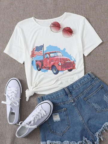 Car And Flag Print Tee - takostyle