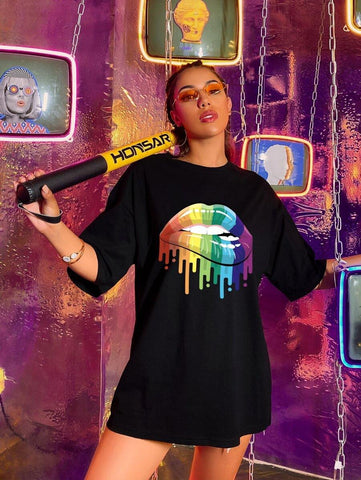 Colorful Mouth Print Oversized Tee - takostyle