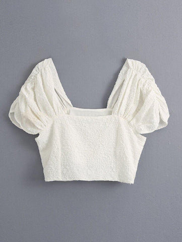 Solid Ruched Sleeve Crop Top - takostyle