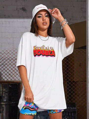 Drop Shoulder Letter & Fire Print Longline Tee - takostyle