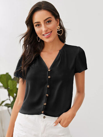 Button Front Solid Blouse - takostyle
