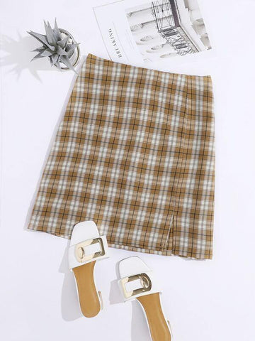 Split Hem Tartan Skirt - takostyle
