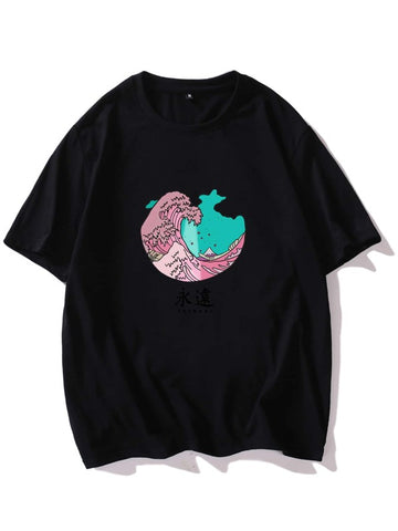 Men Wave Print Round Neck Tee