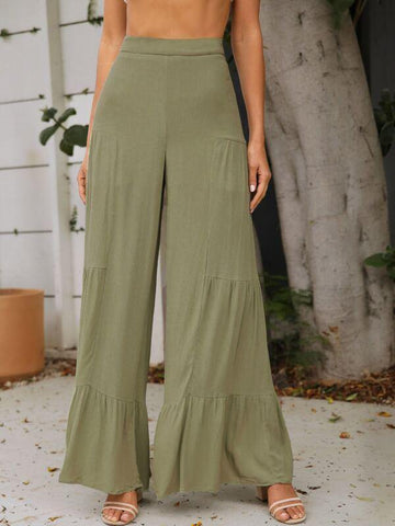 Ruffle Hem Wide Leg Crinkle Pants - takostyle