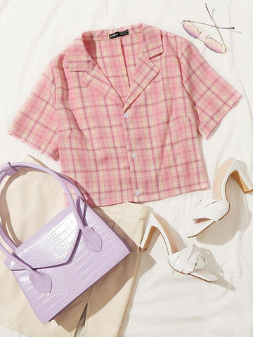Notched Collar Tartan Crop Blouse - takostyle