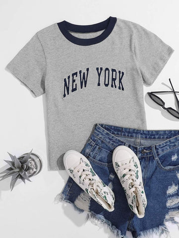 Letter Embroidery Contrast Binding Tee - takostyle