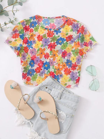 Allover Floral Print Sheer Mesh Crop Top - takostyle