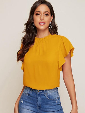 Frill Neck Butterfly Sleeve Top - takostyle