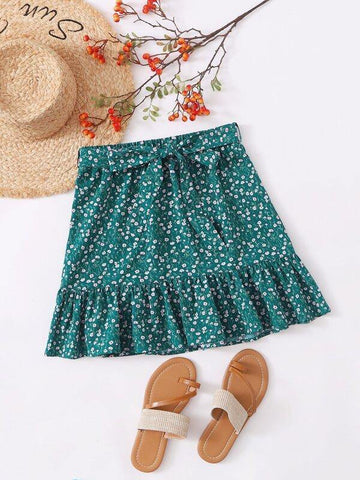 Ditsy Floral Ruffle Hem Belted Skirt - takostyle