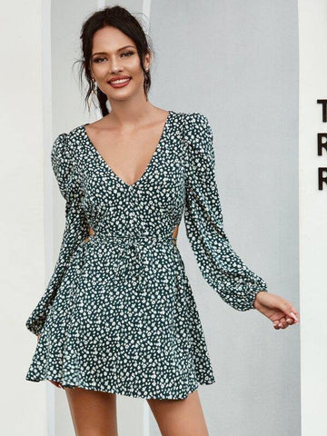 Double Crazy Lantern Sleeve Belted Cut-out Ditsy Floral Dress - takostyle
