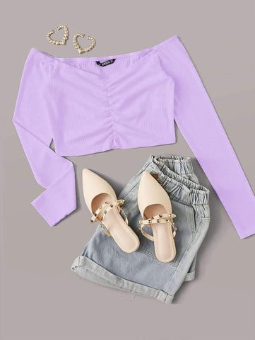 Off Shoulder Ruched Rib-knit Top - takostyle