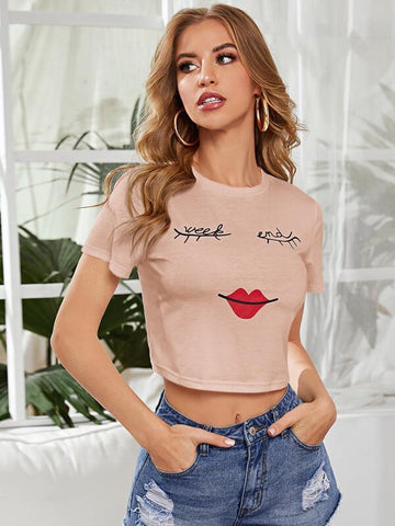 Eyelash and Lip Print Crop Tee - takostyle