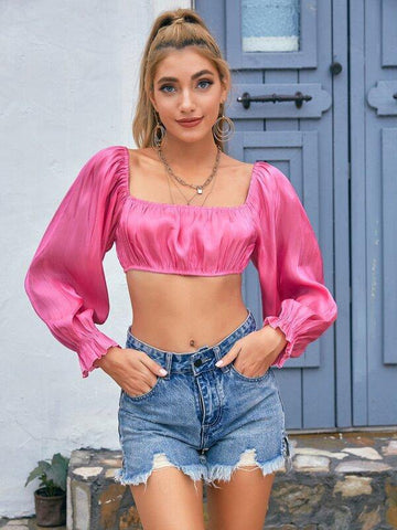 D&M Square Neck Ruched Bust Satin Top - takostyle