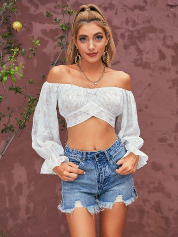 D&M Tie Back Flounce Sleeve Bardot Top - takostyle