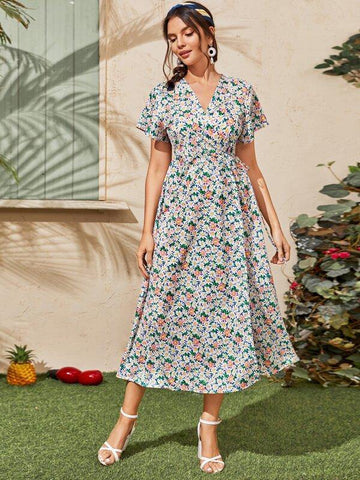 Allover Floral Wrap Long Dress - takostyle