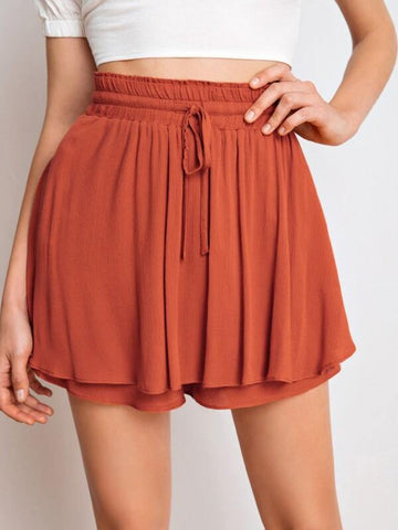 Drawstring Waist Solid Crepe Skort - takostyle