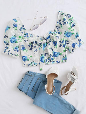 Puff Sleeve Shirred Back Knot Detail Floral Schiffy Crop Top - takostyle