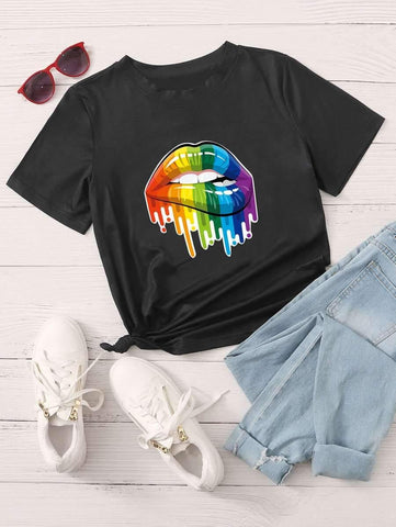 Lip Print Short Sleeve Tee - takostyle