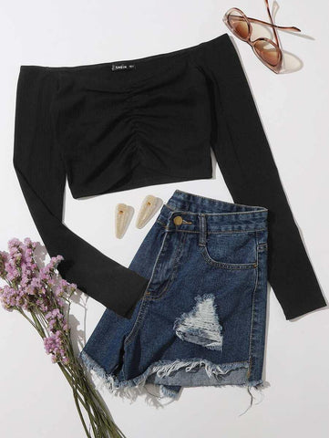 Off Shoulder Ruched Rib-knit Top - takostyle