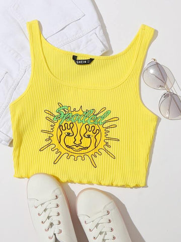 Letter and Graphic Print Lettuce Edge Crop Tank Top - takostyle