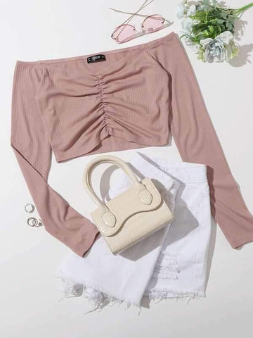 Ruched Detail Crop Bardot Top - takostyle