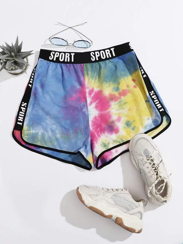 Letter Tape Detail Contrast Binding Tie Dye Dolphin Shorts - takostyle