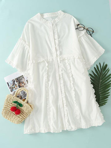 Mock Neck Frill Trim Shirt Dress - takostyle