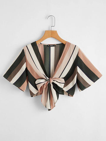 Striped Tie Front Crop Top - takostyle