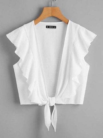 Tie Front Ruffle Trim Crop Top - takostyle